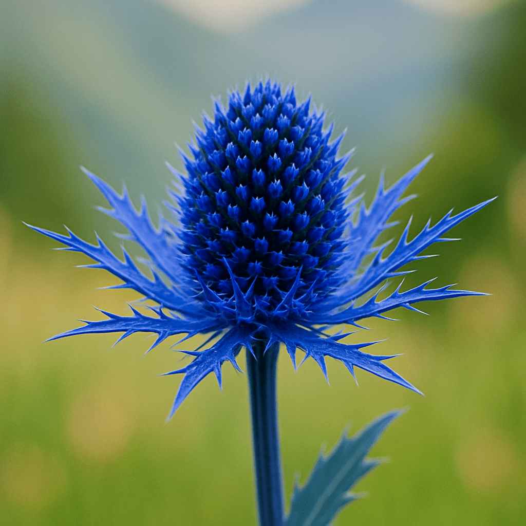 Close-up of an electric-blue alpine eryngo flower with its delicate, spiky involucre against a soft mountain meadow background.