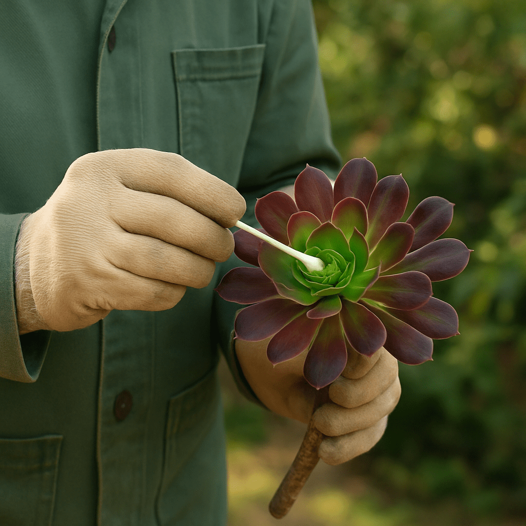 A gardener carefully cleans the rosette of an Aeonium with a cotton swab.