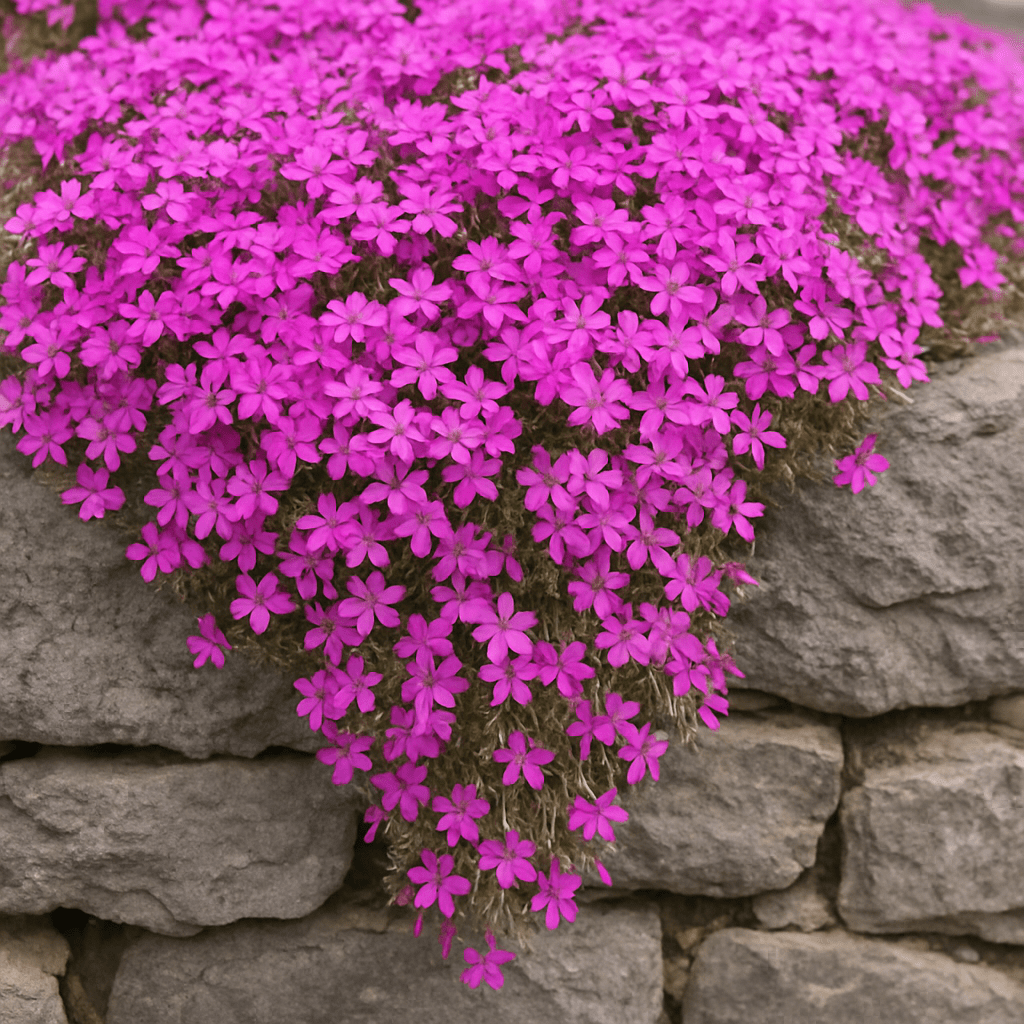 A close-up view of a vibrant pink creeping phlox cascading over a natural gray stone wall.