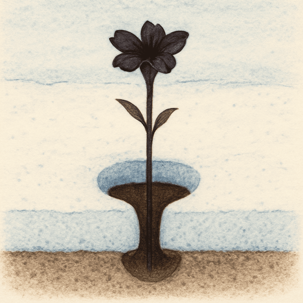 A cross-section illustration showing the dark stem of the flower creating a small circular melt-hole (chimney) in a layer of snow.
