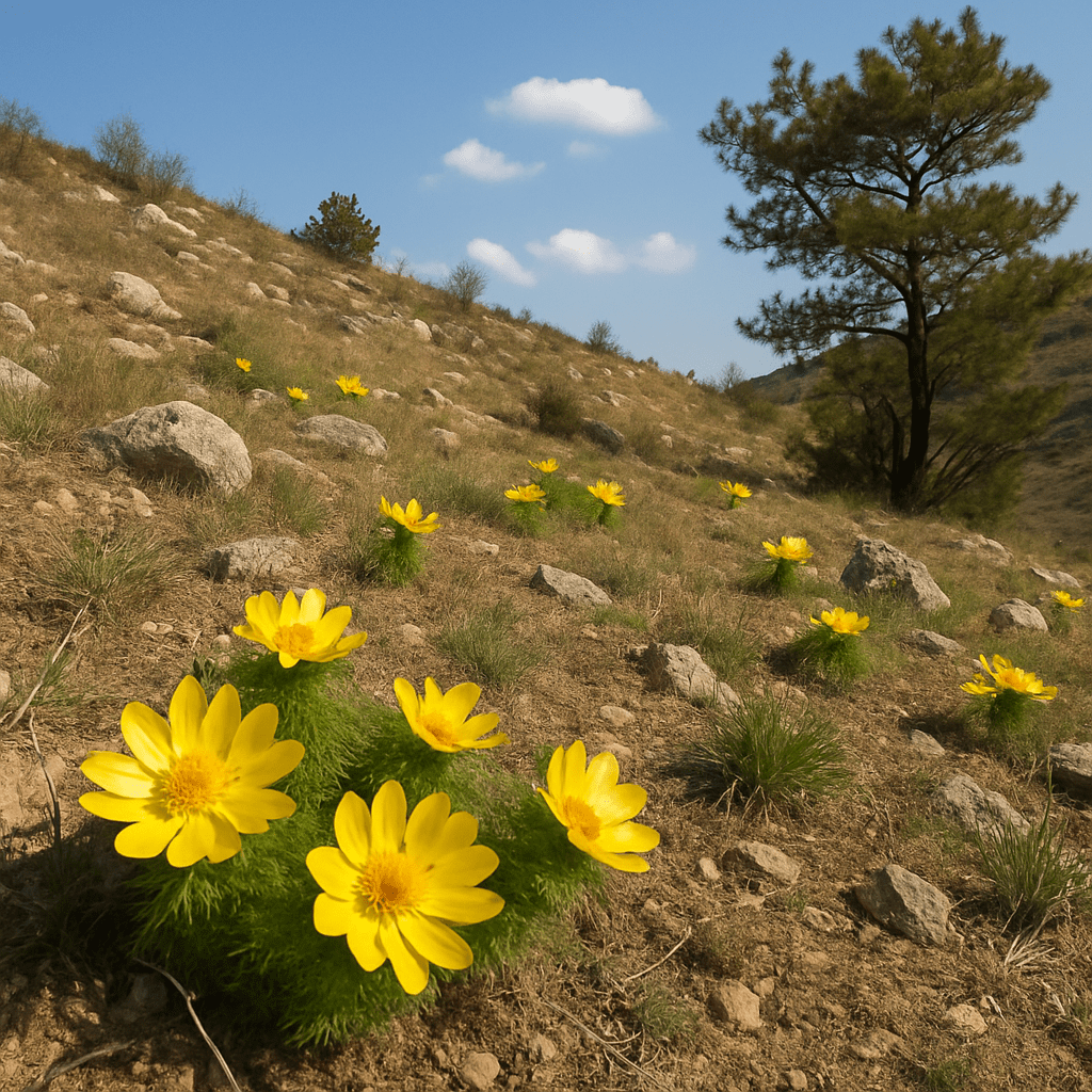 Landschaftsansicht eines sonnigen, felsigen Hangs mit spärlicher Vegetation, an dem das Adonisröschen natürlich wächst.