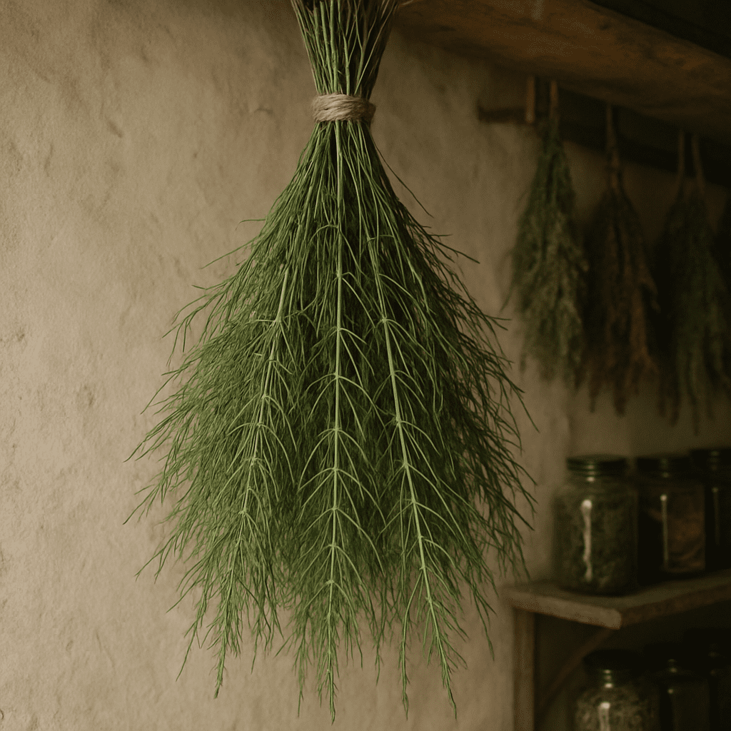 Bundles of green, dried field horsetail hanging upside down in an herb room