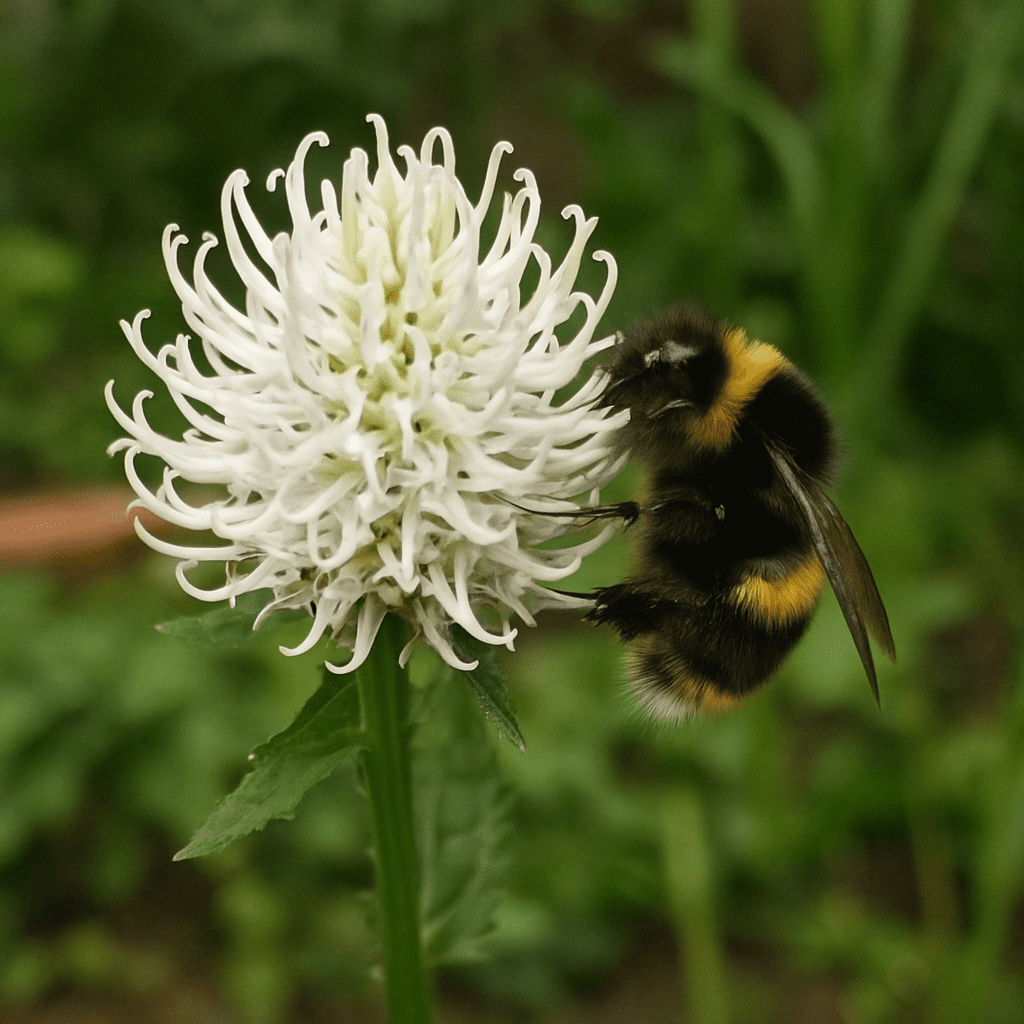 Eine Wildbiene (Hummel), die den weißen Blütenstand einer Teufelskralle im Garten besucht.