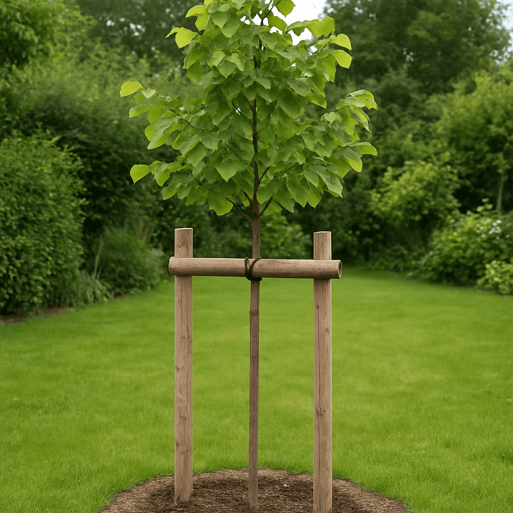 Ein junger Lindenbaum, der fachgerecht mit zwei Stützpfählen und einem Gießrand in einem Garten gepflanzt wurde.