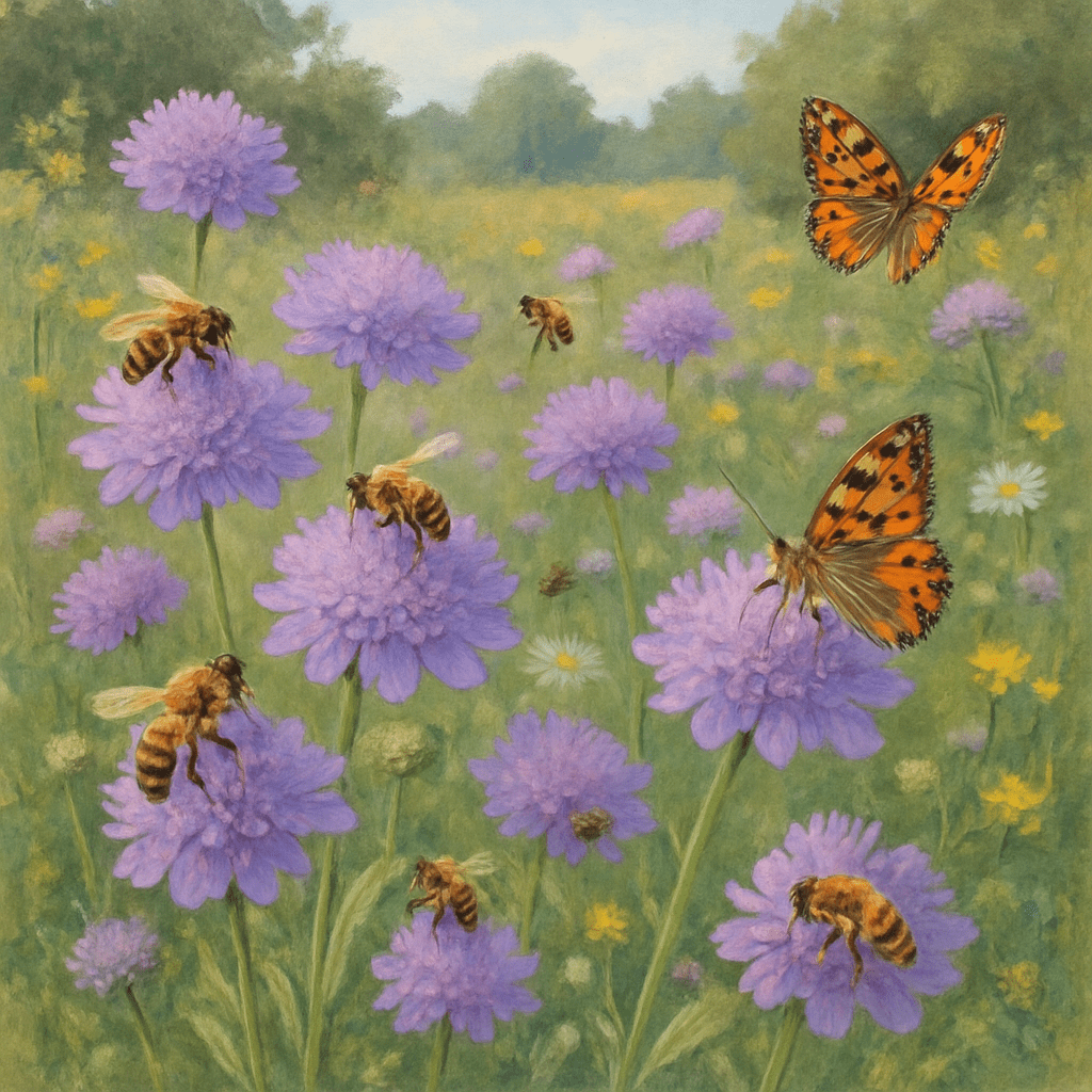 Ein naturnaher Garten mit blühenden Acker-Witwenblumen, auf denen sich Bienen und Schmetterlinge tummeln