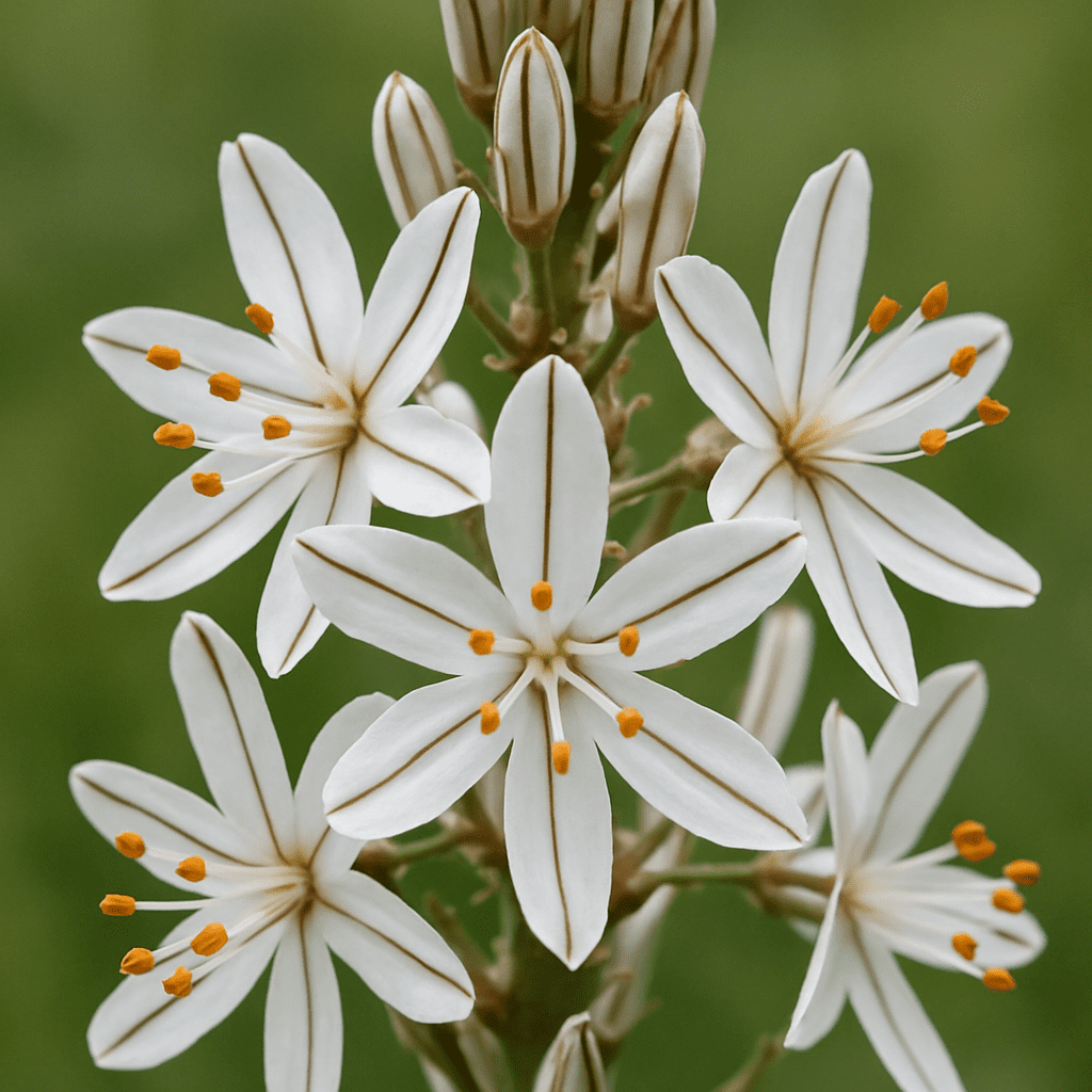 Close-up of the star-shaped white flowers of Asphodelus albus
