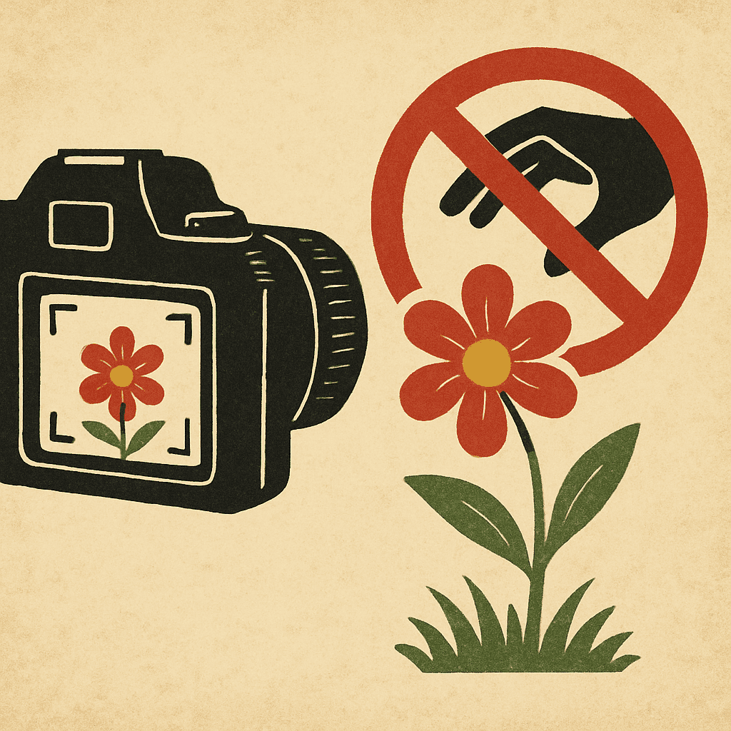 A symbolic image of a camera focusing on a flower, suggesting photography rather than picking.