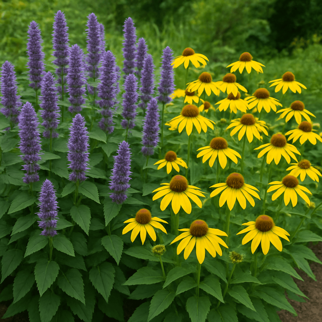 Ein Gartenbeet mit violetter Agastache 'Black Adder' in Kombination mit leuchtend gelben Sonnenhüten.
