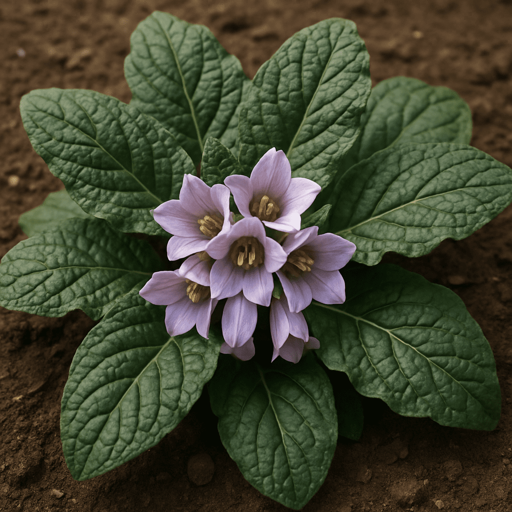 A high-quality botanical photograph of a real Mandragora officinarum plant showing its dark green, wrinkled leaves and bell-shaped flowers resting on the soil.
