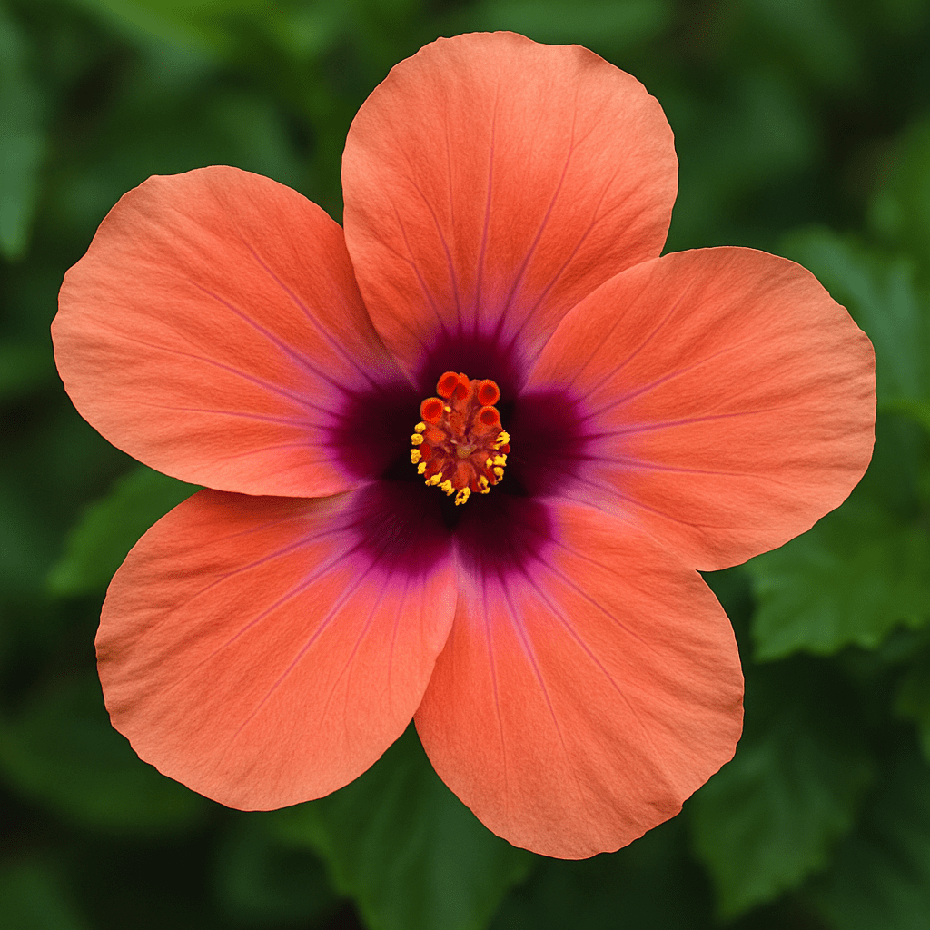Close-up of the salmon-pink flower with a purple center and five petals.