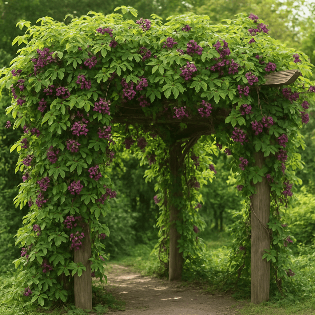 A lushly overgrown pergola with Akebia quinata, showcasing prominent purple flowers and five-leaflet leaf clusters.