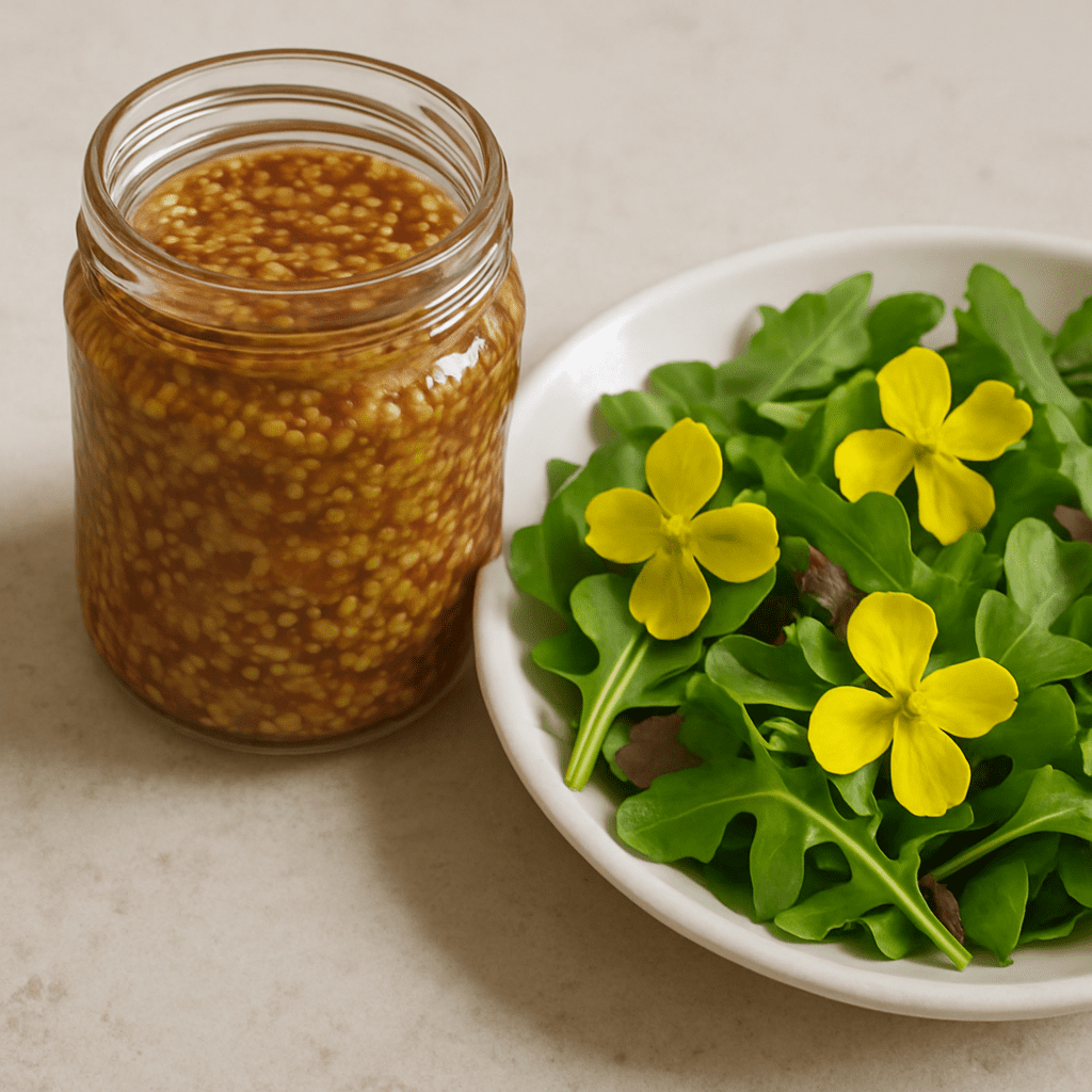 A jar of homemade coarse-grained mustard made from wild seeds next to a fresh salad garnished with yellow flowers.