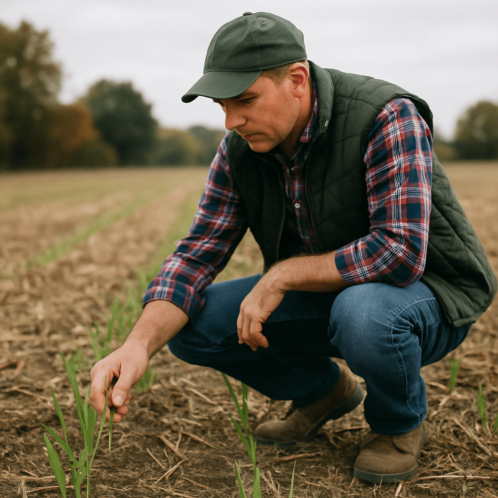 Farmer inspects seedling development in a harvested field