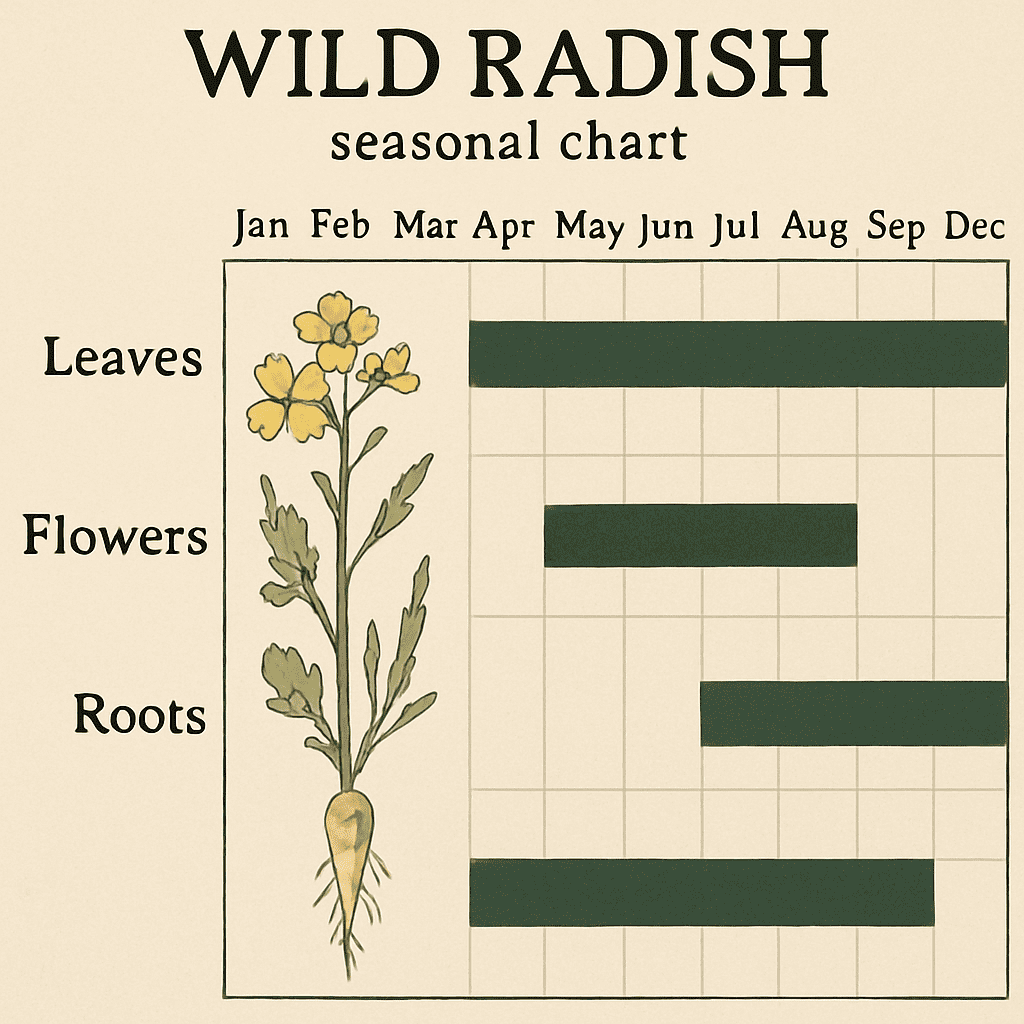 Seasonal chart showing which parts of the Wild Radish are edible in which month.