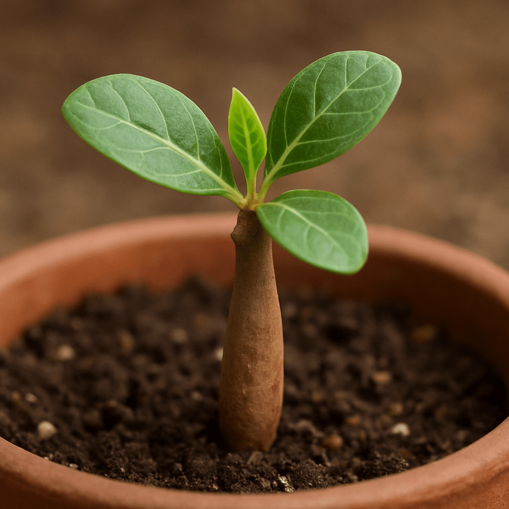 Nahaufnahme eines jungen Baobab-Keimlings in einem Topf, der seine ersten charakteristischen Blätter zeigt.