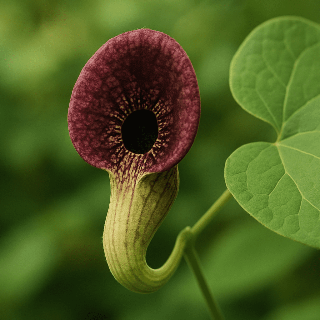 A fascinating pipe-shaped flower of Aristolochia macrophylla in focus