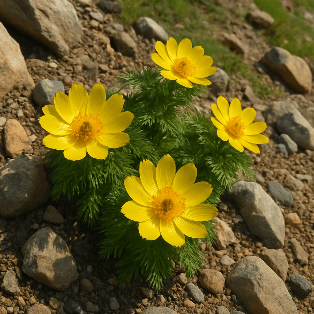 A small rock garden setup showing the Adonisröschen planted in well-draining, stony soil on a sunny slope.