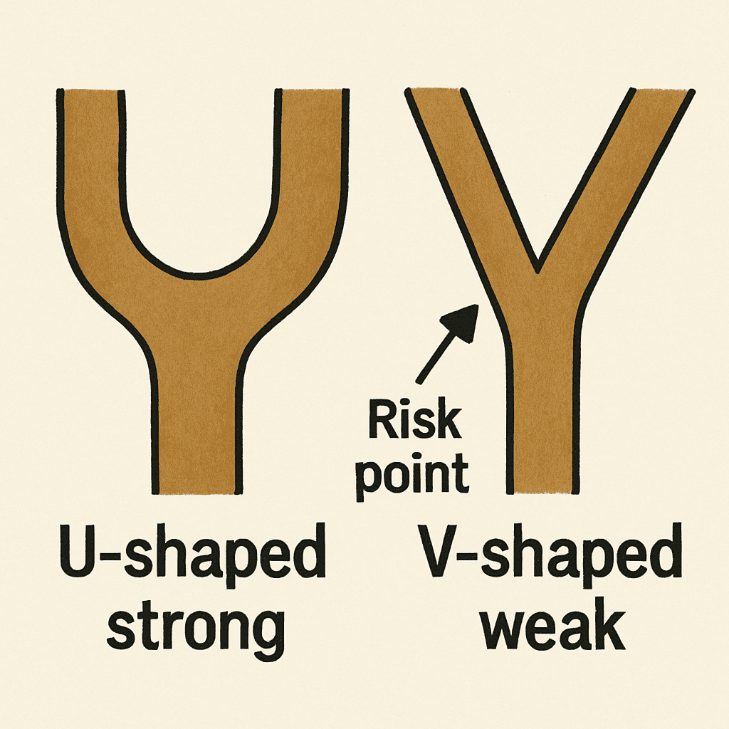 A diagram illustrating a 'U-shaped' branch junction (strong) adjacent to a 'V-shaped' junction (weak), with an arrow indicating the 'V' as a risk point.