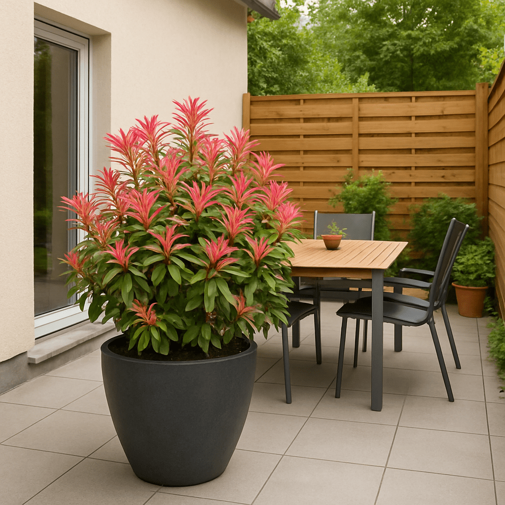 Eine stilvoll bepflanzte Terrasse mit Lavendelheide im Kübel