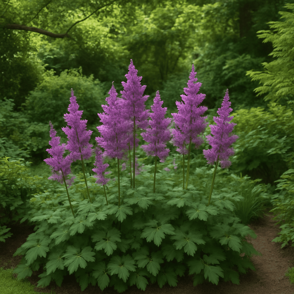 A wide shot captures a lush garden corner bathed in partial shade. Tall, fluffy clusters of purple flowers rise prominently above foliage that resembles columbine leaves.