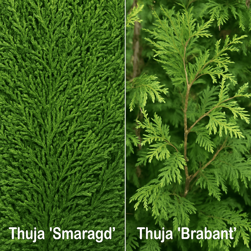A close-up side-by-side photo showing the fine, dense texture of Thuja Smaragd vs. the more open, bushy texture of Thuja Brabant.