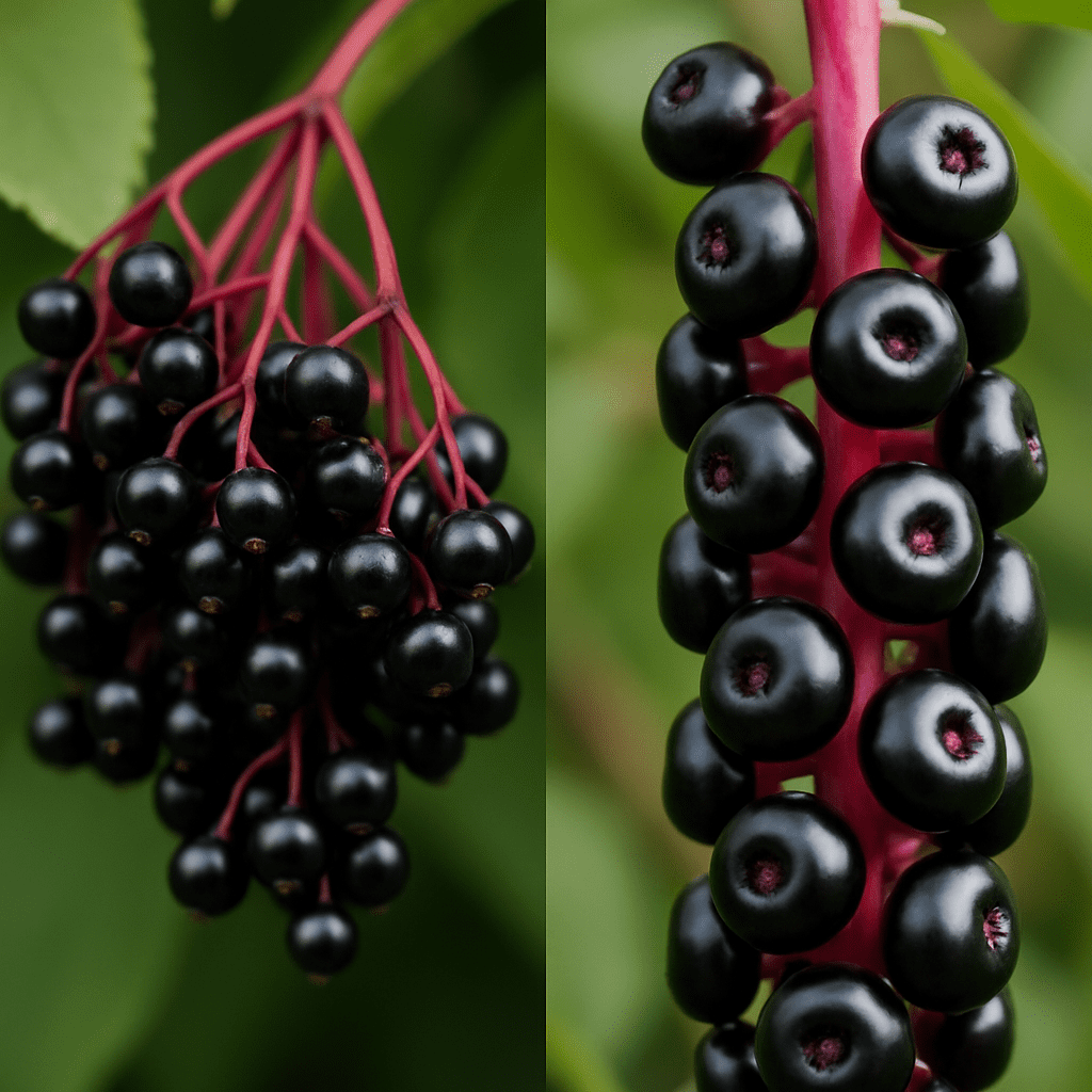 Nahaufnahme von Holunderbeeren im Vergleich zu Kermesbeeren