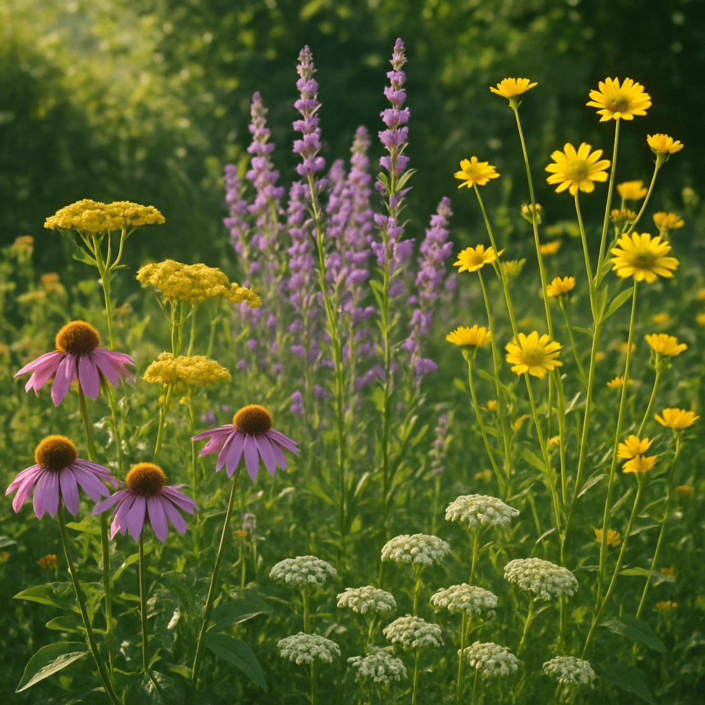 Various native wild perennials in a sunny garden location