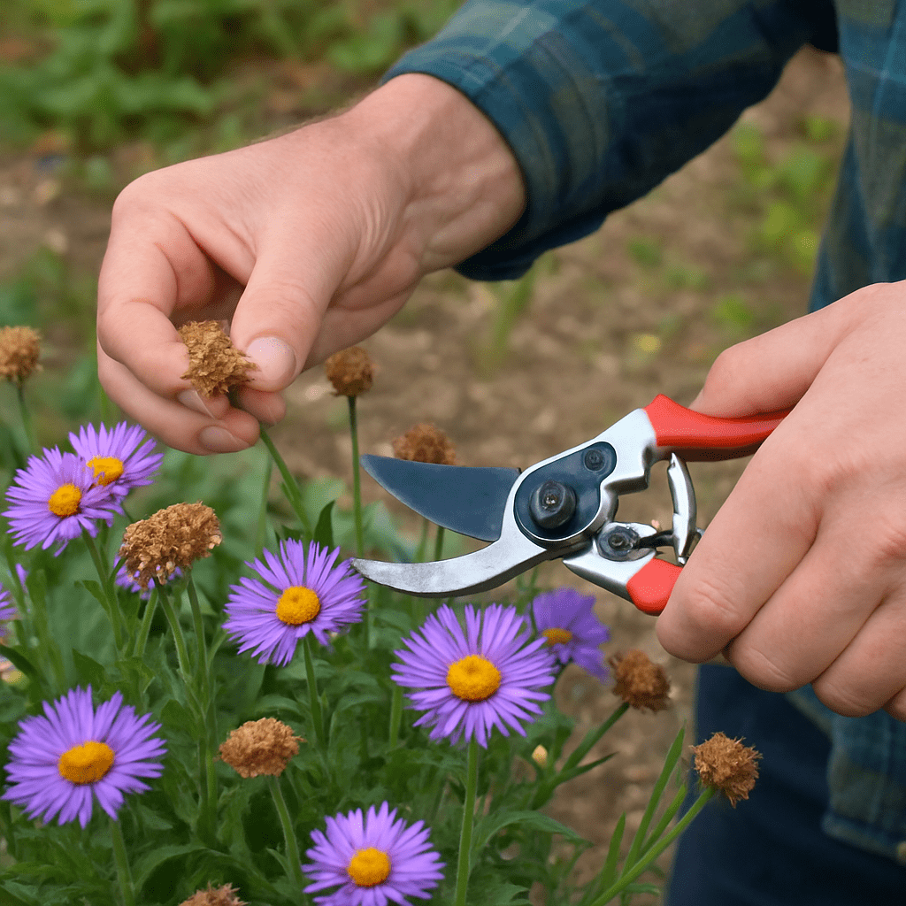 A gardener carefully cuts off faded flower heads from the alpine aster with pruning shears.