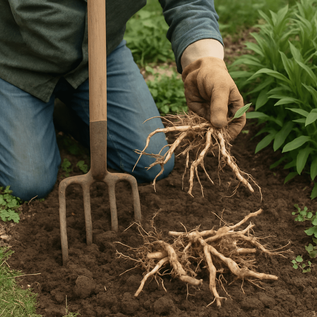 The gardener carefully removes the rhizomes from the bed with a digging fork.