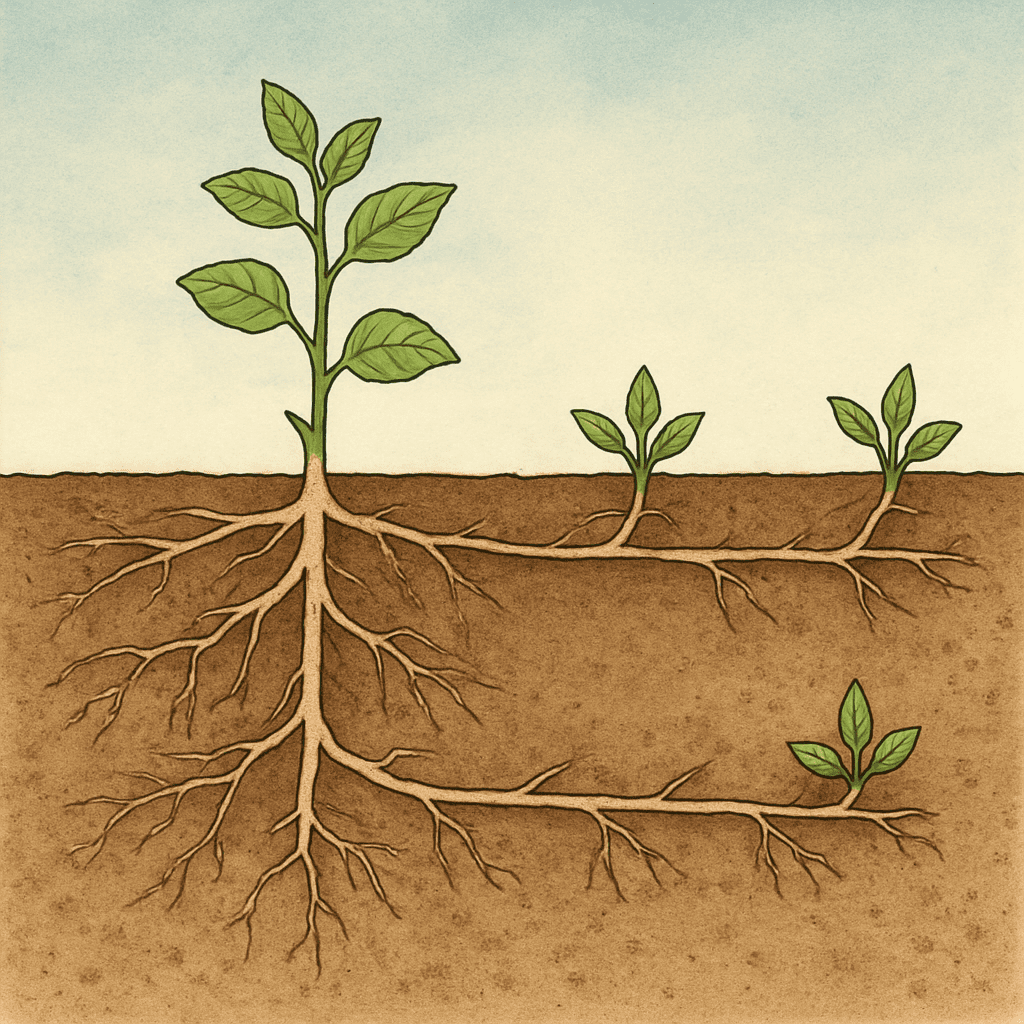 Illustration of the underground root system, showing horizontal runners forming new shoots below ground.