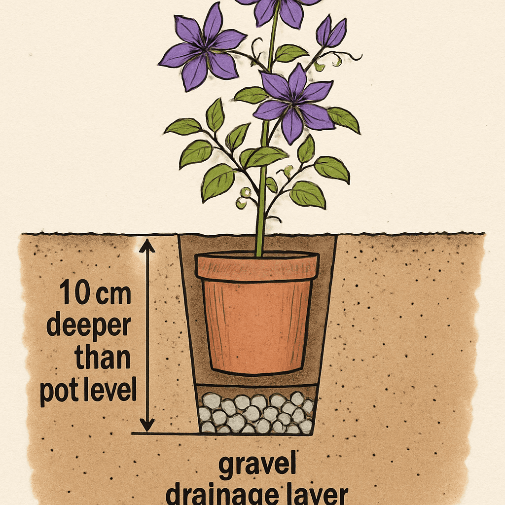 Cross-section illustration of a Clematis being planted 10cm deeper than its pot level with a gravel drainage layer at the bottom.