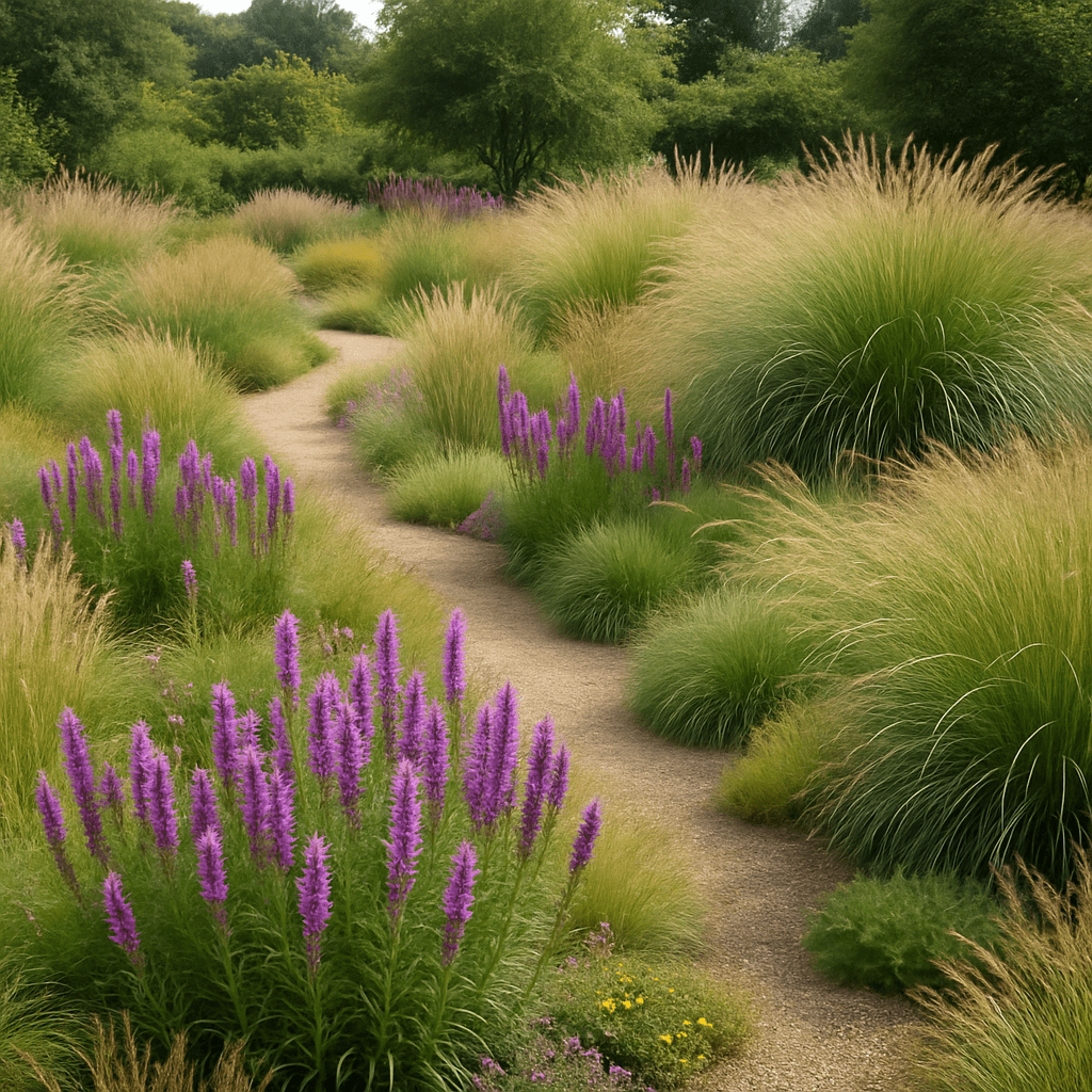 Ein stilvoll angelegter Präriegarten mit Gräsern und violetten Prachtscharten