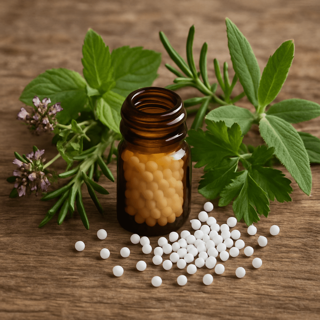 Kleine Fläschchen mit homöopathischen Globuli und frischen Kräutern