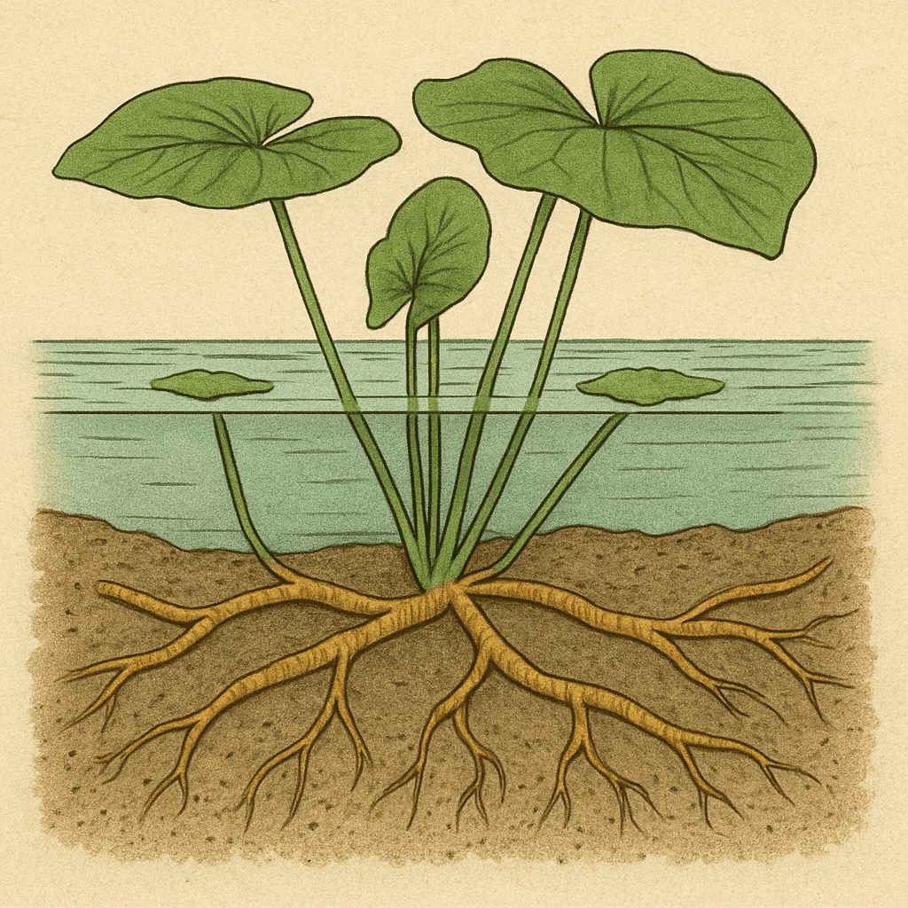 Cross-section illustration showing how the plant's root system (rhizomes) spreads through the pond mud.