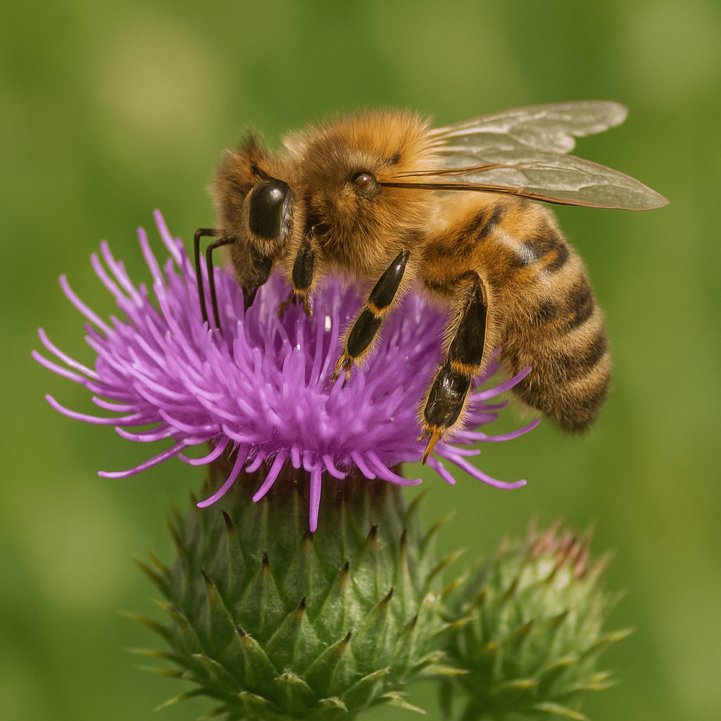 Close-up of a purple bull thistle flower being pollinated by a bee