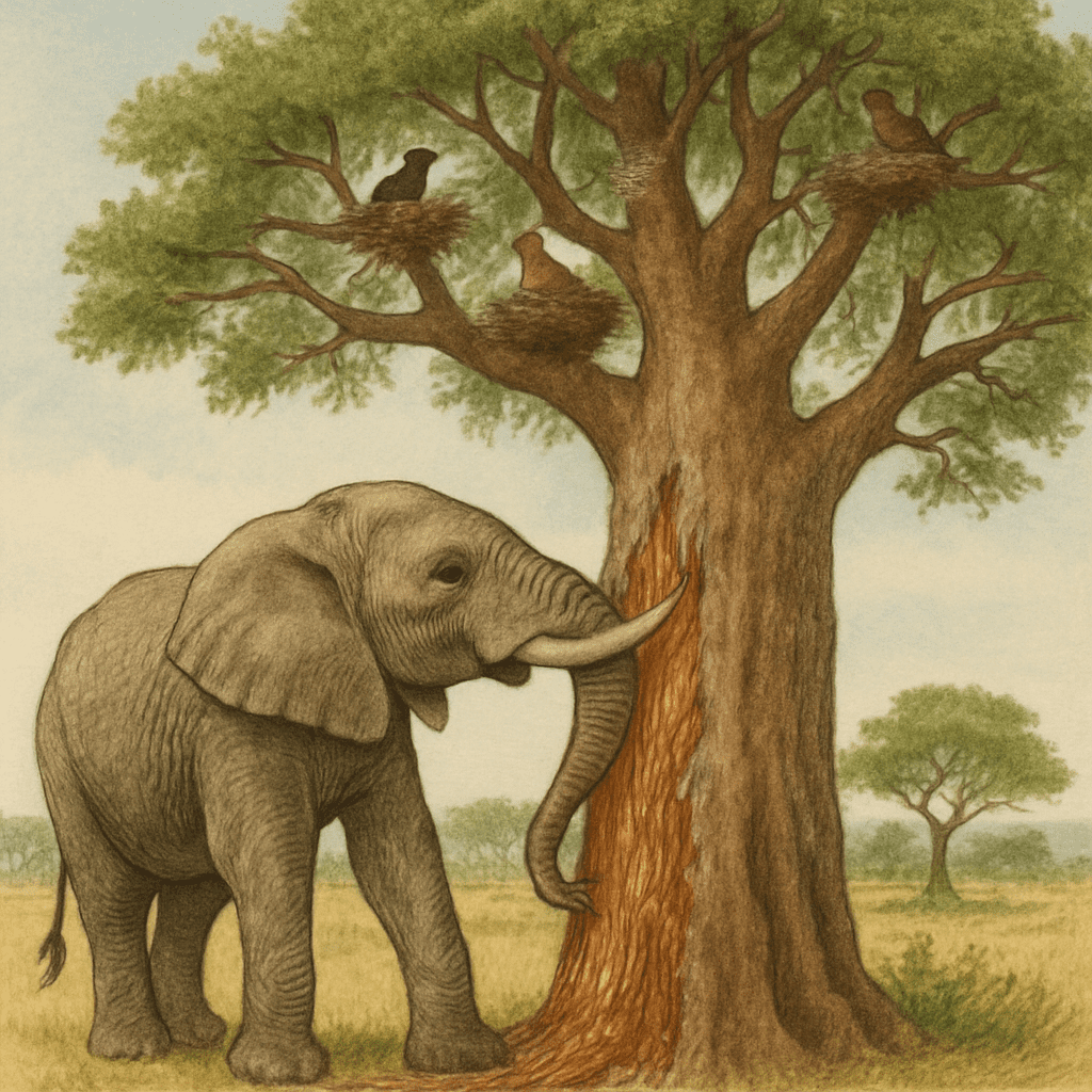 Eine Illustration oder ein Foto, das zeigt, wie ein Elefant die Rinde eines Baobabs nutzt, während Vögel in den Kronen nisten.