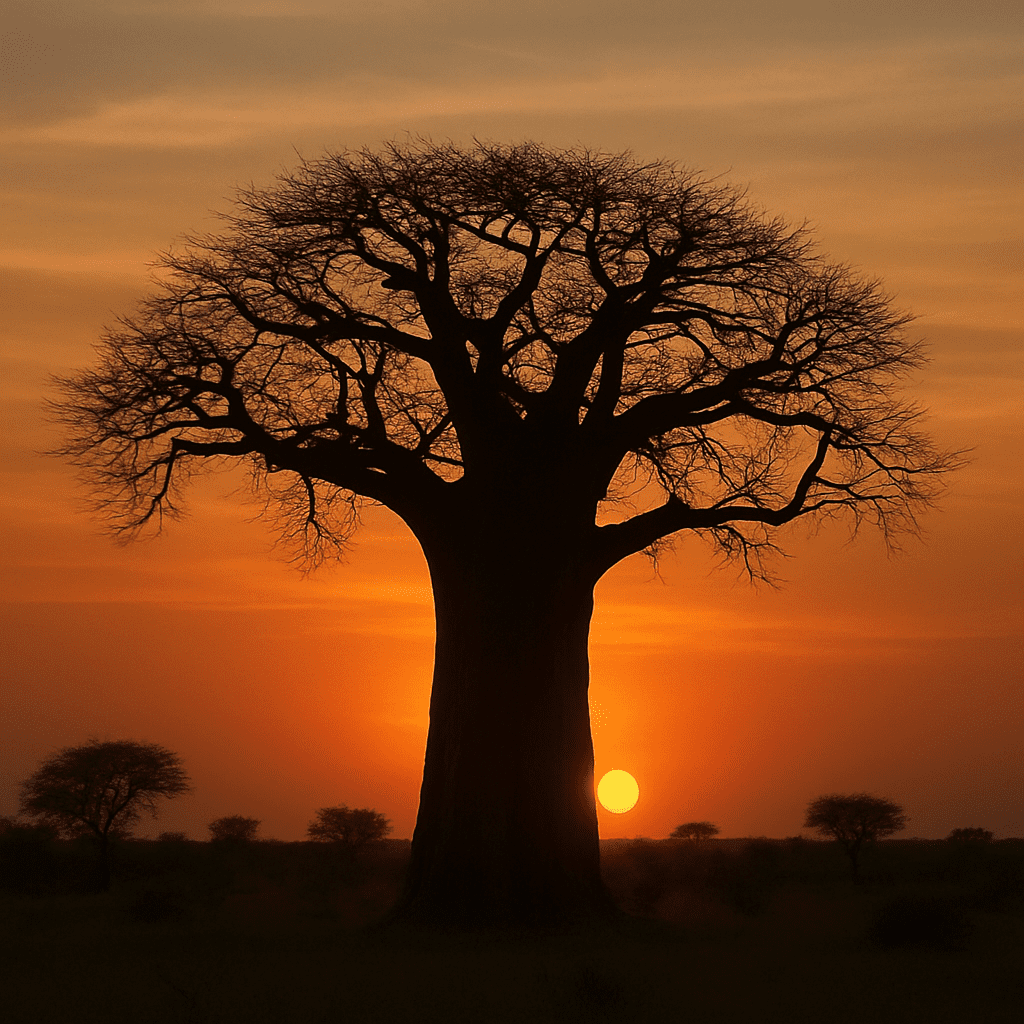 Eine weite Aufnahme eines majestätischen Baobabs in der afrikanischen Savanne während des Sonnenuntergangs, die die markante Silhouette und den massiven Stamm betont.