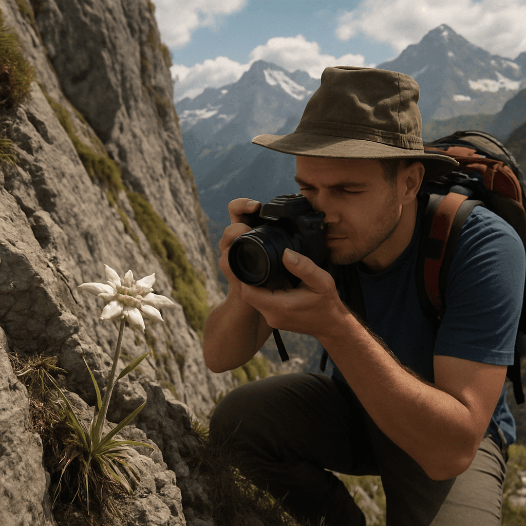 Wanderer fotografiert ein Alpen-Edelweiß an einem steilen felsigen Abhang in den Schweizer Alpen