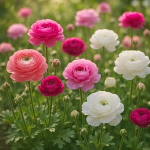 Magnificent pink and white ranunculus in the spring garden