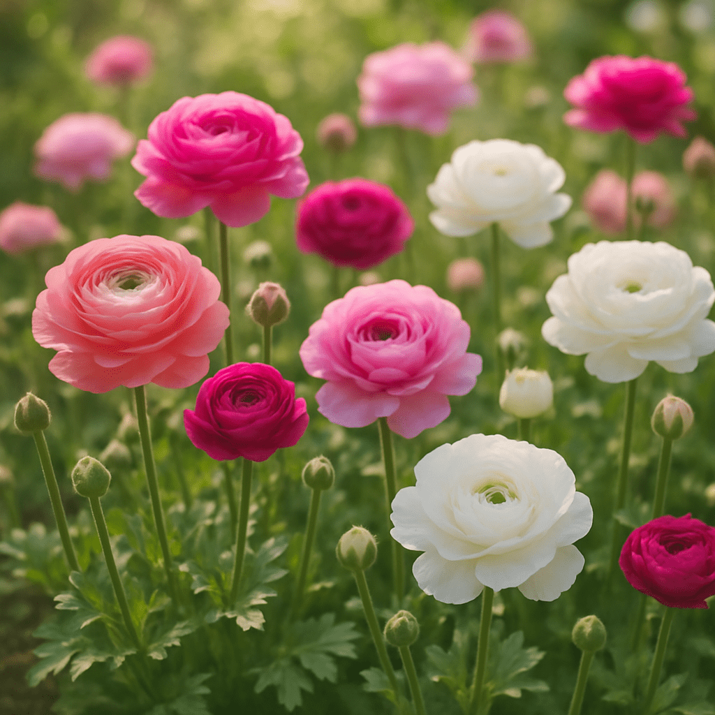 Magnificent pink and white ranunculus in the spring garden