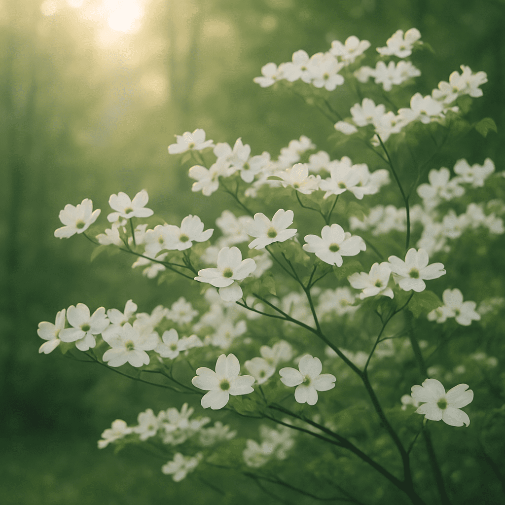 Ein atmosphärisches Foto eines Cornus florida in voller weißer Blüte vor einem grünen Hintergrund im weichen Morgenlicht.
