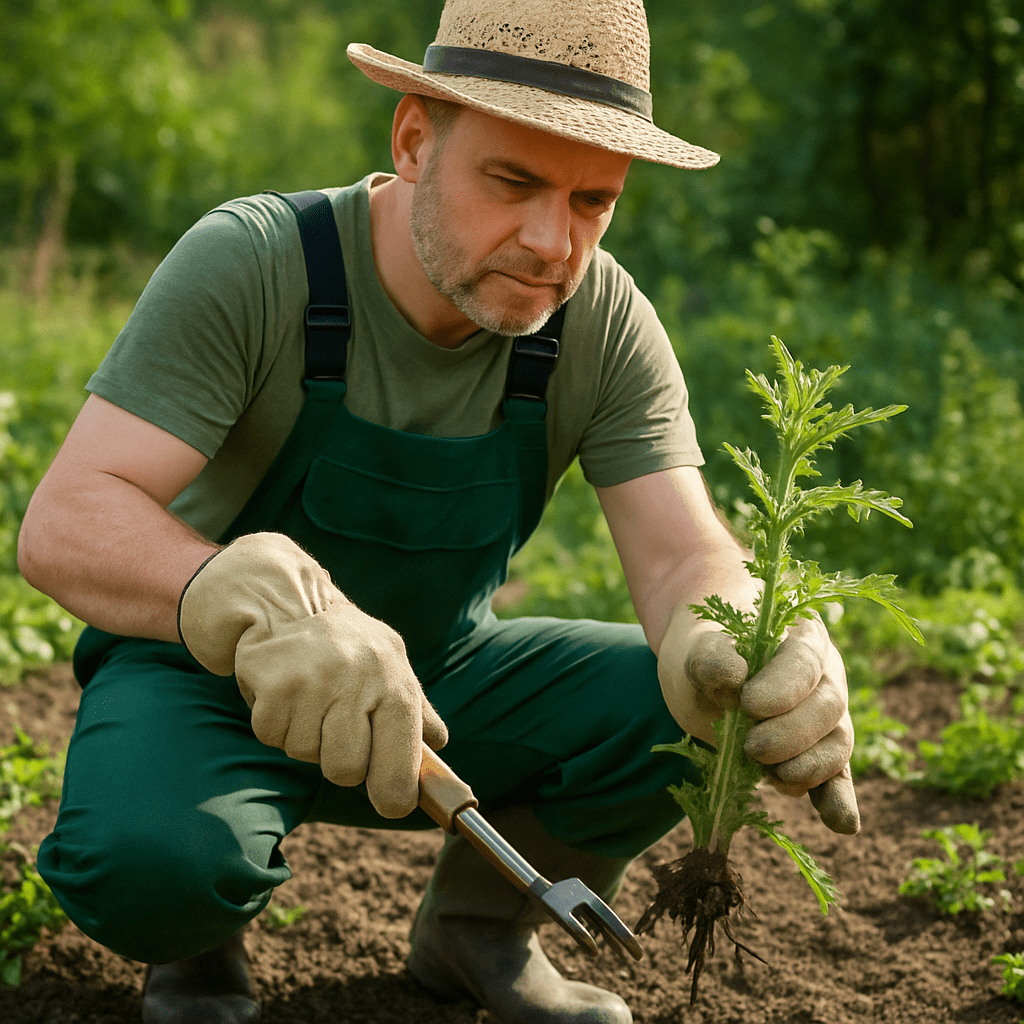 A gardener wearing thick gloves removes a spear thistle from a flowerbed using a special weed puller.
