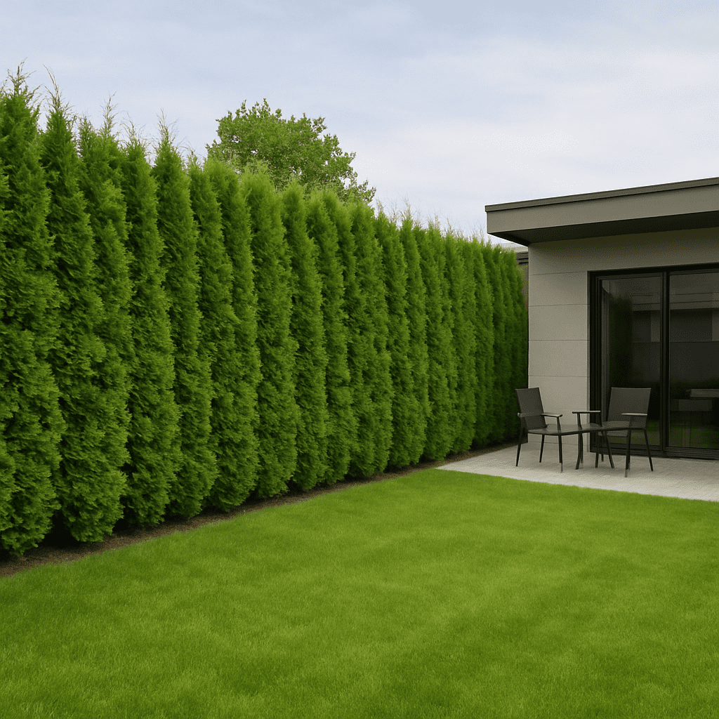 A wide shot of a perfectly manicured, lush green Thuja hedge providing privacy to a modern backyard.