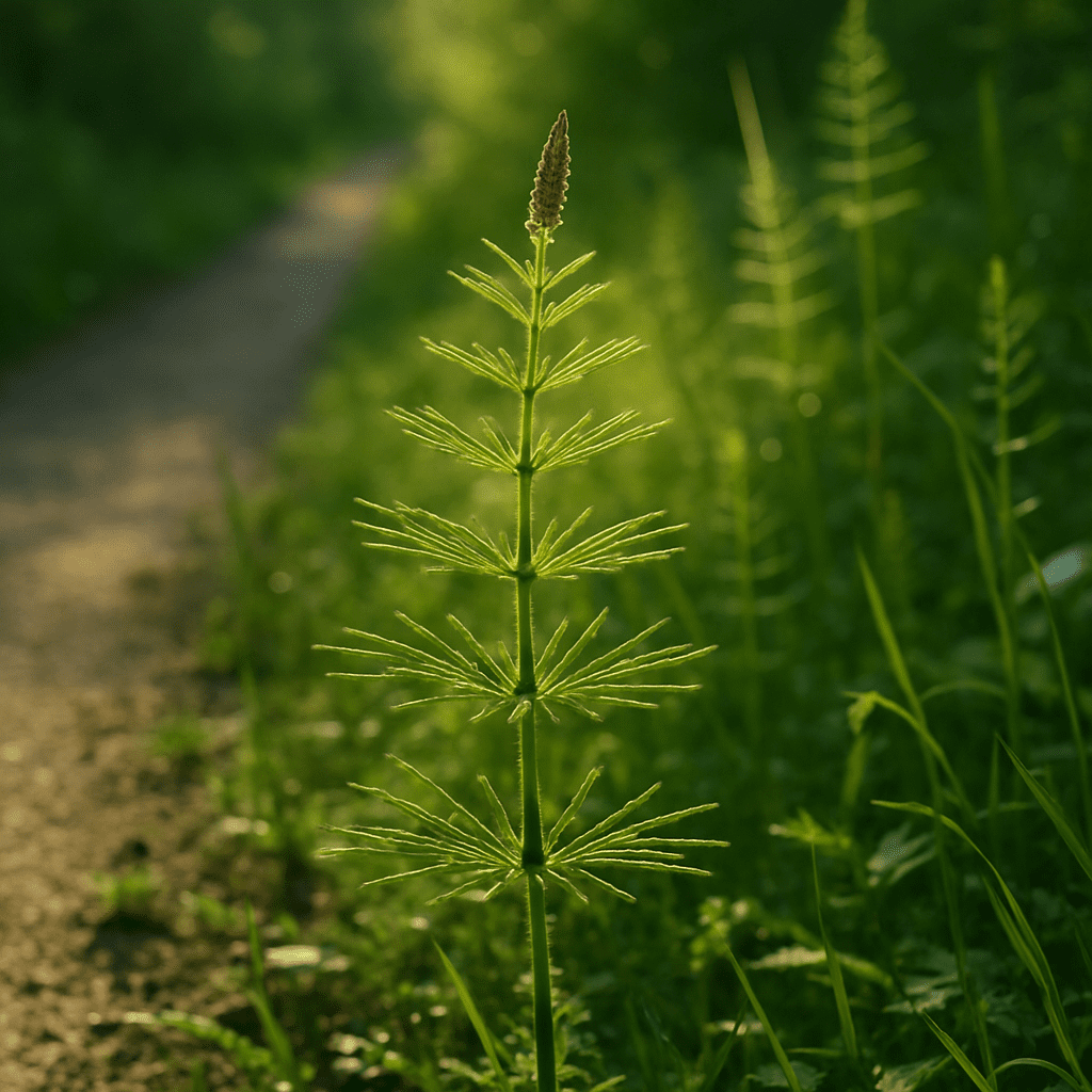 Fresh field horsetail by the roadside in sunlight