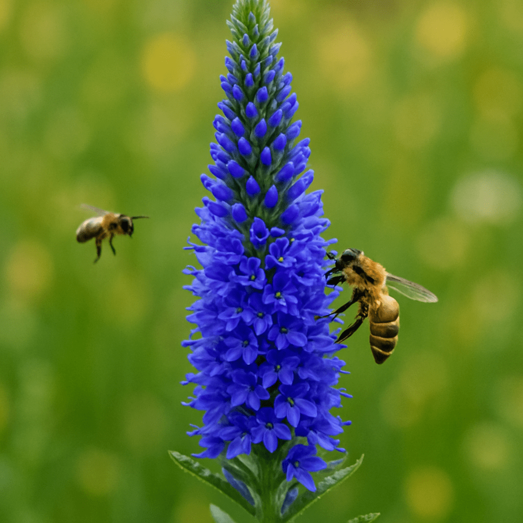 A close-up of a vibrant blue Spiked Speedwell (Veronica spicata) showing its tapering, candle-like flower structure with small bees nearby.