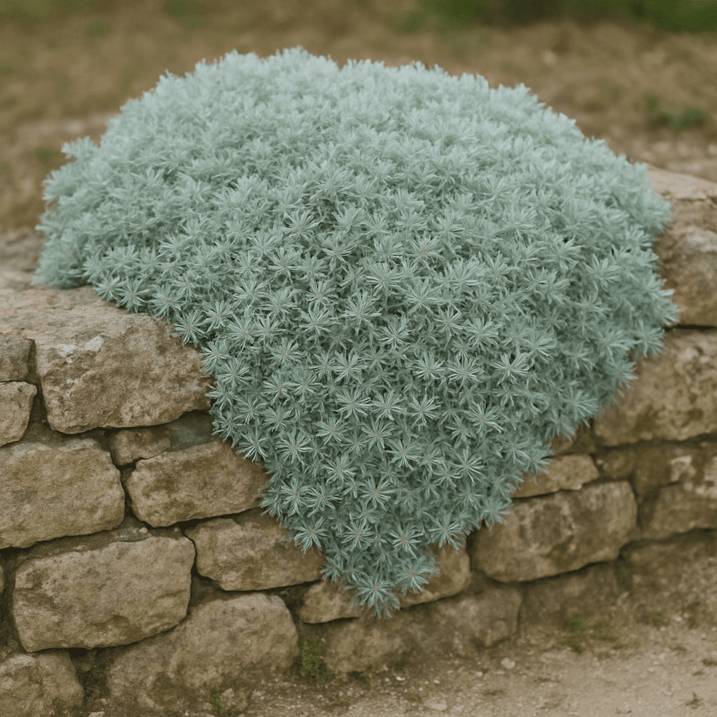 Silver-gray foliage of the woolly yarrow grows over a stone dry wall