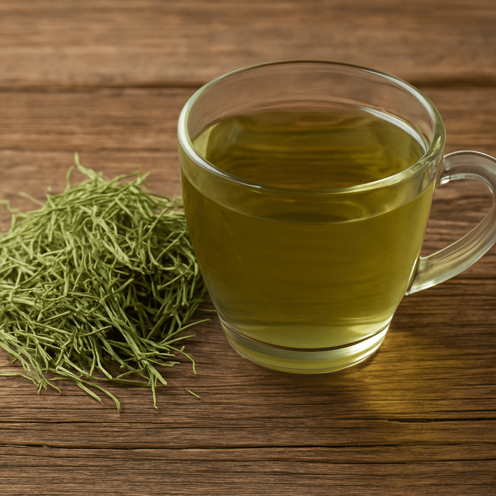 Mug with freshly brewed horsetail tea next to dried herbs on a wooden table
