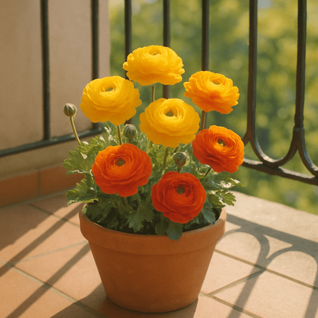 Ranunculus in a pot on a sunny balcony