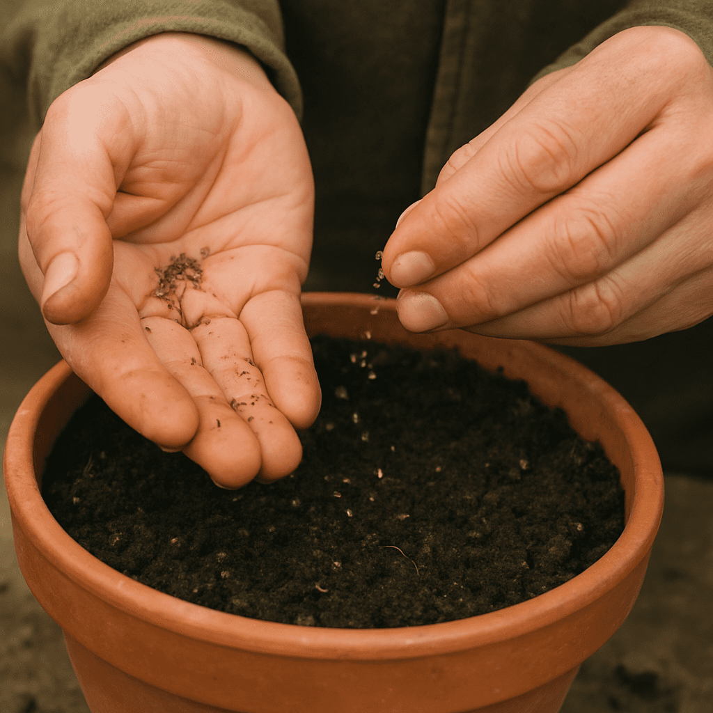 Gardener's hands scattering delicate verbena seeds into a pot of seed-starting mix
